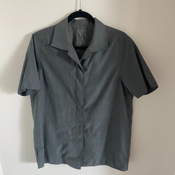 Grey Short Sleeve Jacket Top Button-Down Shirt Velvet Like Fabric Lined - Picture 1 of 6